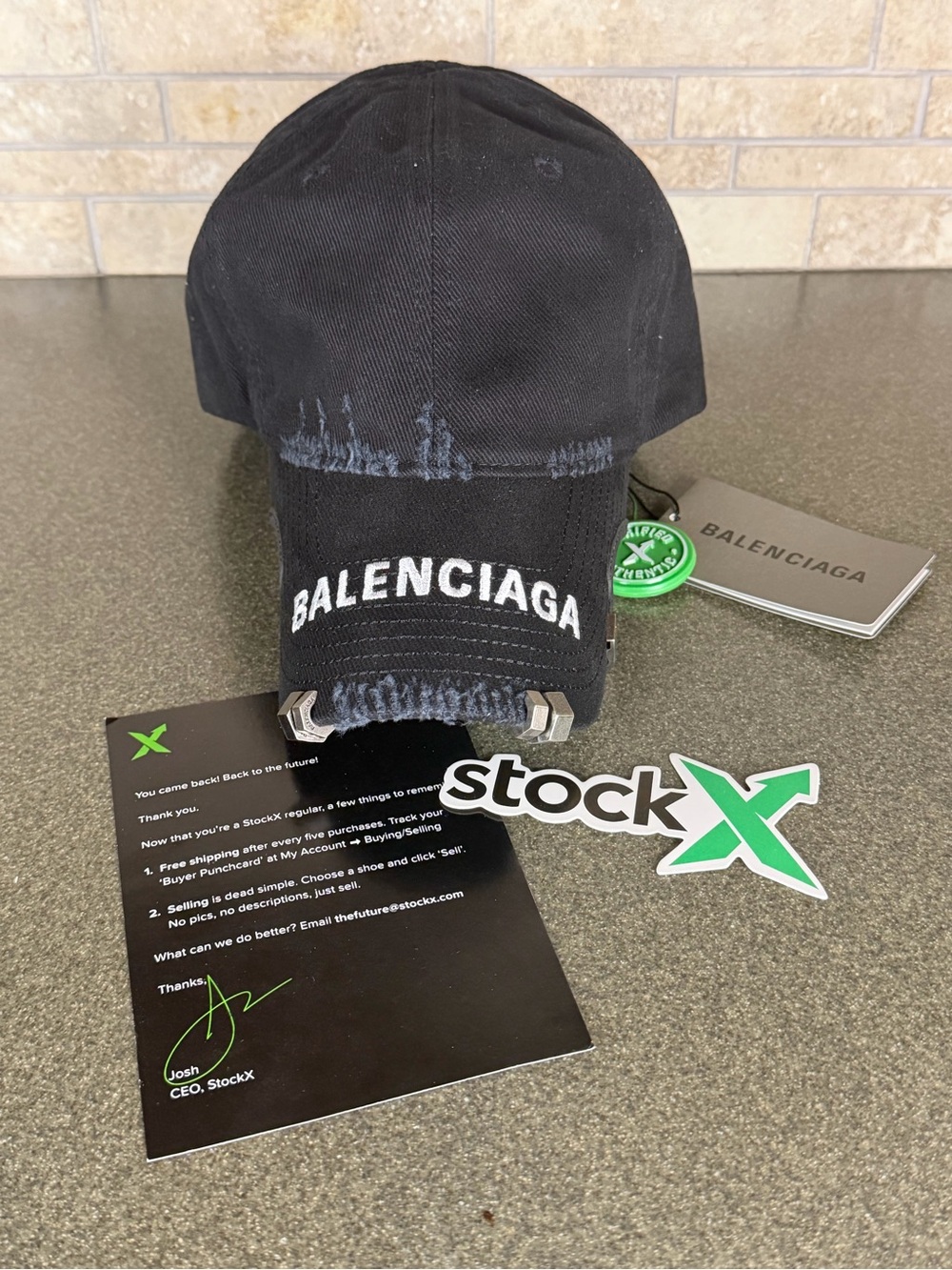 Balenciaga Black Distressed Logo Baseball Cap with White Embroidery